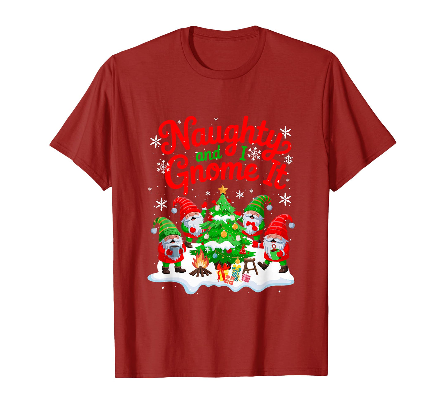 Naughty and I Gnome It Group Gnomes Decorating Xmas Tree T-Shirt