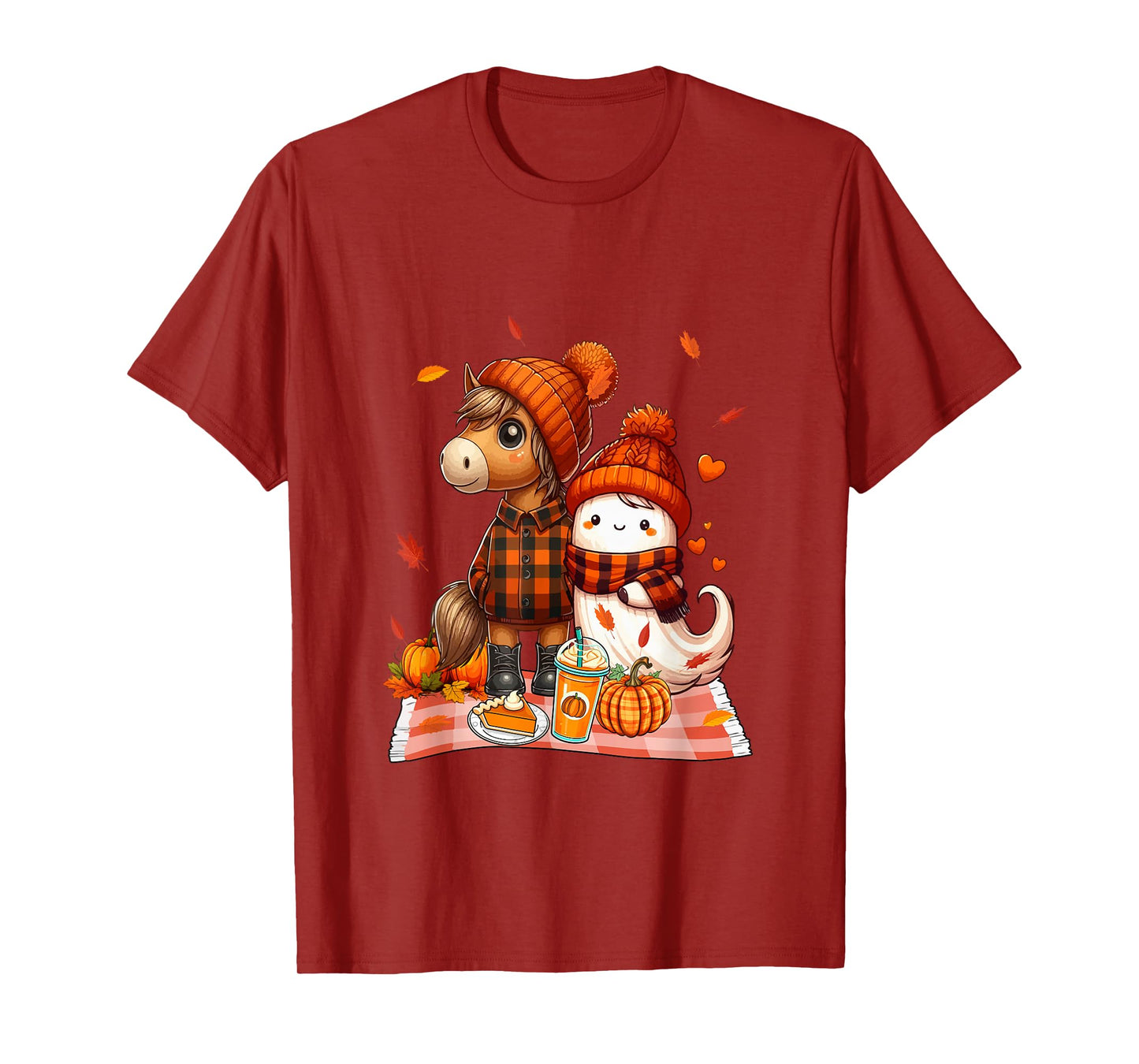 Horse with Boo Halloween Thanksgiving Fall Leaves Pumpkins T-Shirt