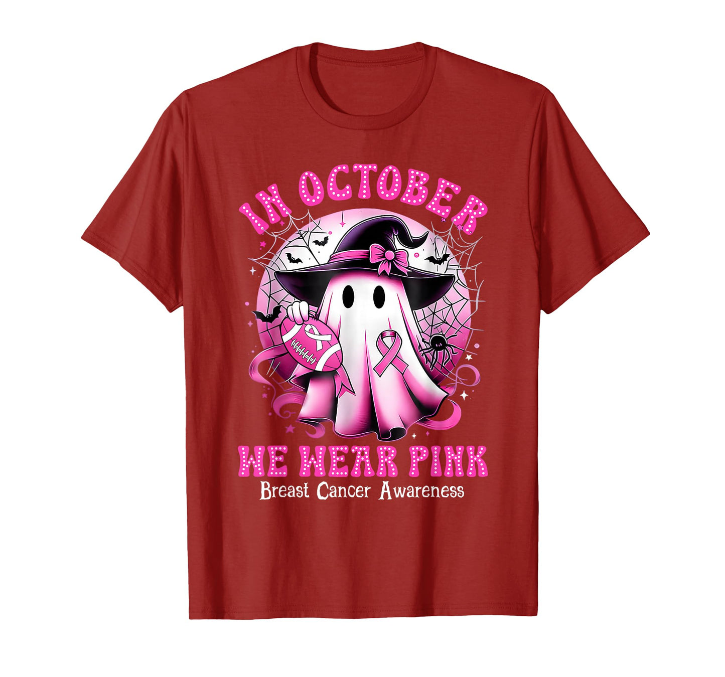 in October We Wear Pink Witch Ghost Breast Cancer Awareness T-Shirt