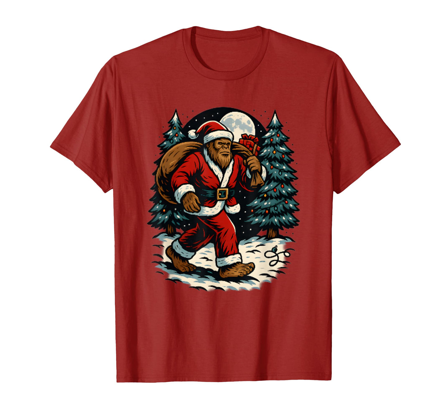 Gorilla Santa Christmas Outfit Bigfoot Holiday Walk in Snow T-Shirt