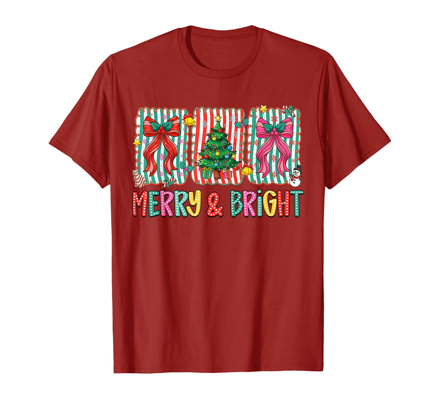 Merry and Bright Preppy Christmas Tree Coquette Bow Women T-Shirt