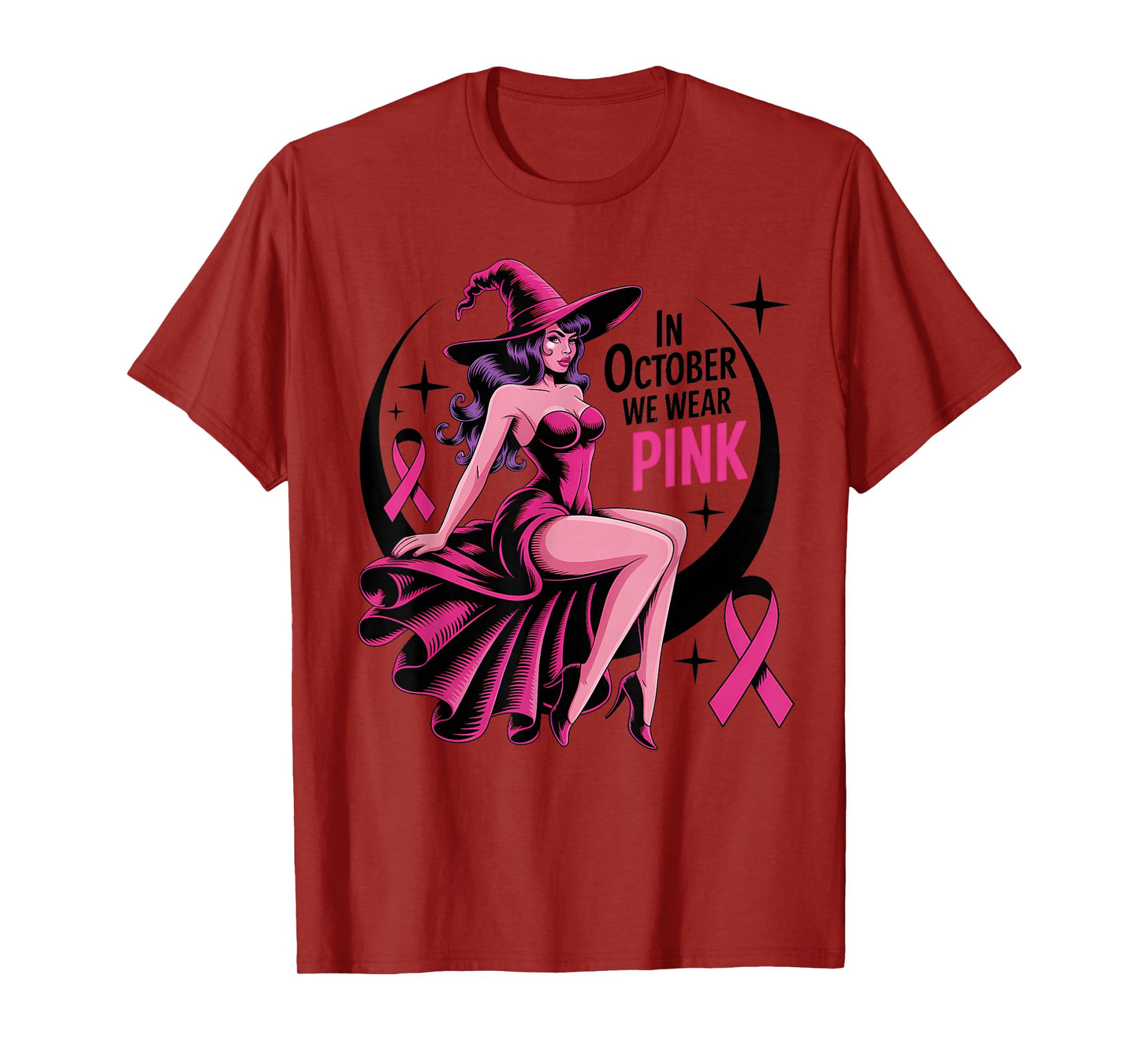 in October We Wear Pink Witch Breast Cancer Awareness Women T-Shirt