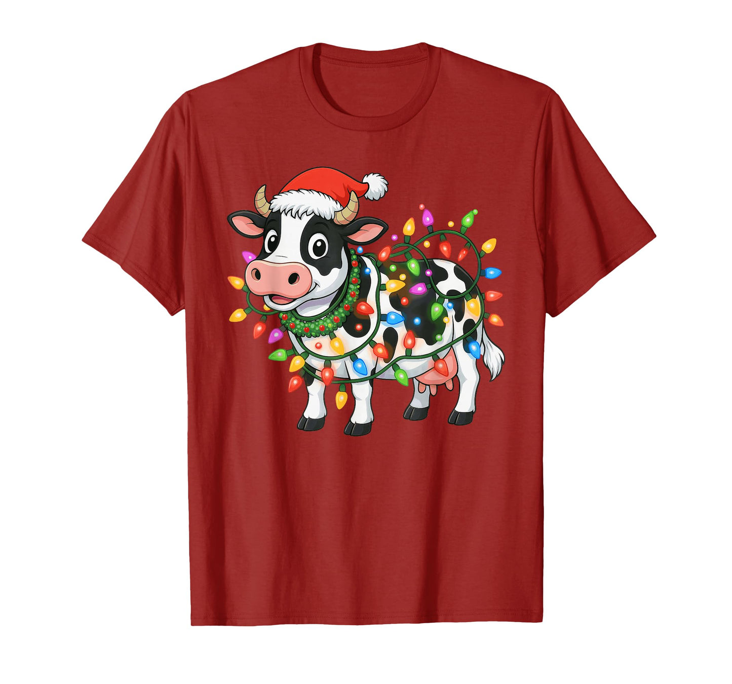Christmas Cow Santa Hat Lights Xmas Men Women Boys Kids T-Shirt
