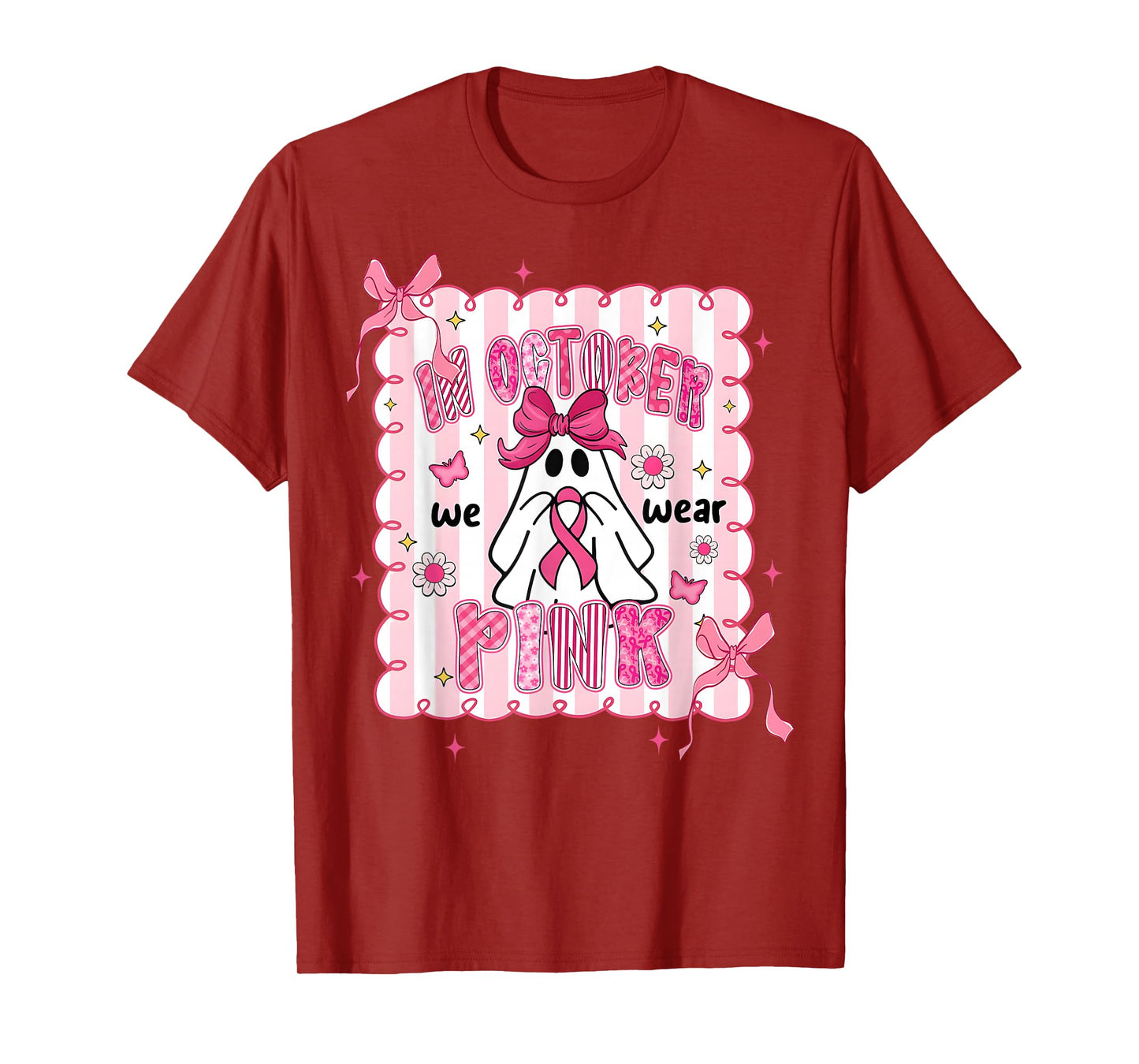 October We Wear Pink Breast Cancer Ghost Coquette Halloween T-Shirt