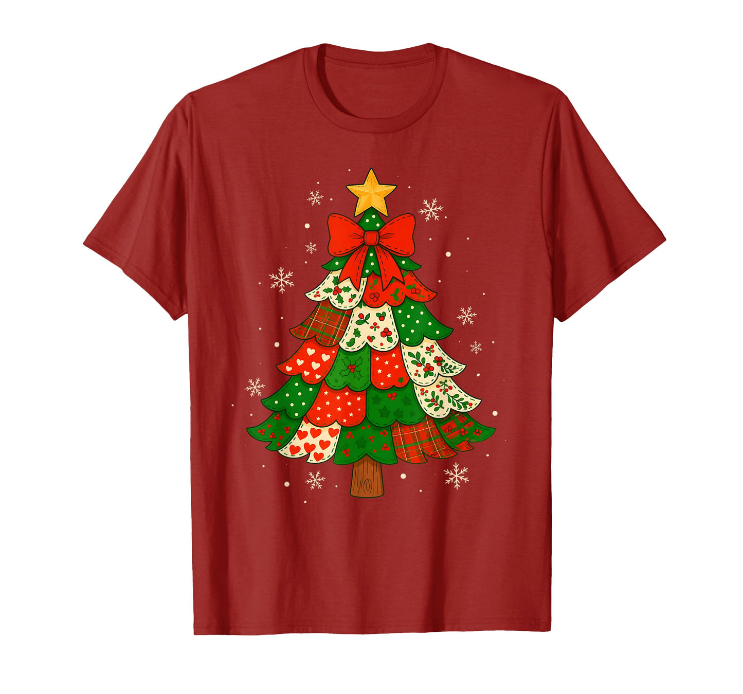 Retro Patchwork Christmas Tree Cute Holiday Pajama Xmas T-Shirt