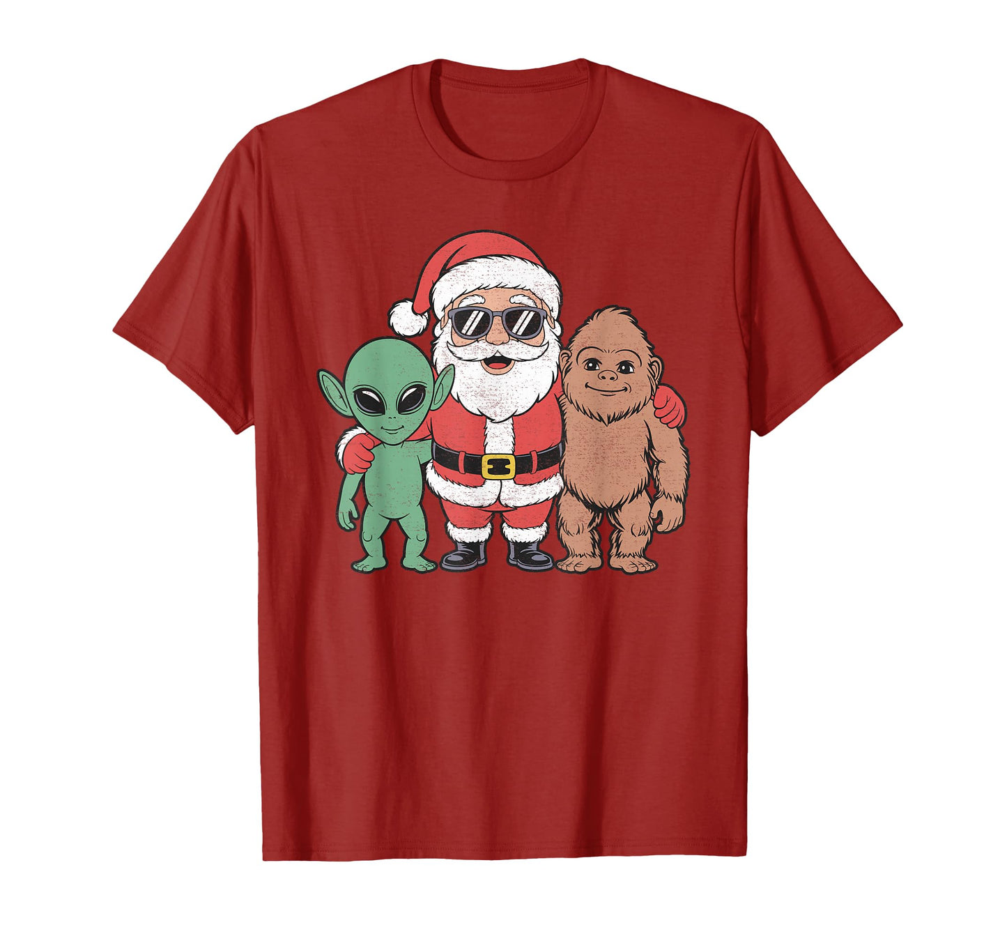 Santa Bigfoot Alien Christmas Distressed T-Shirt