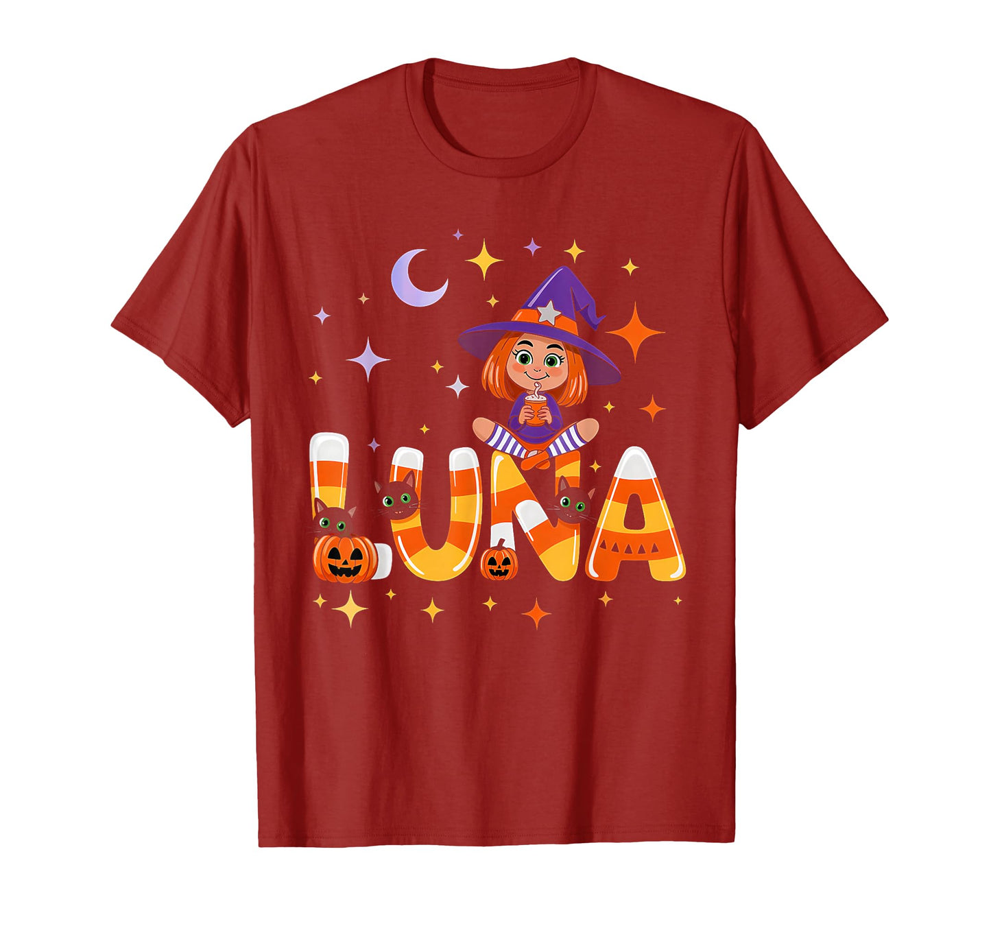 Luna Witch Candy Corn Cat Halloween Women and Girls T-Shirt