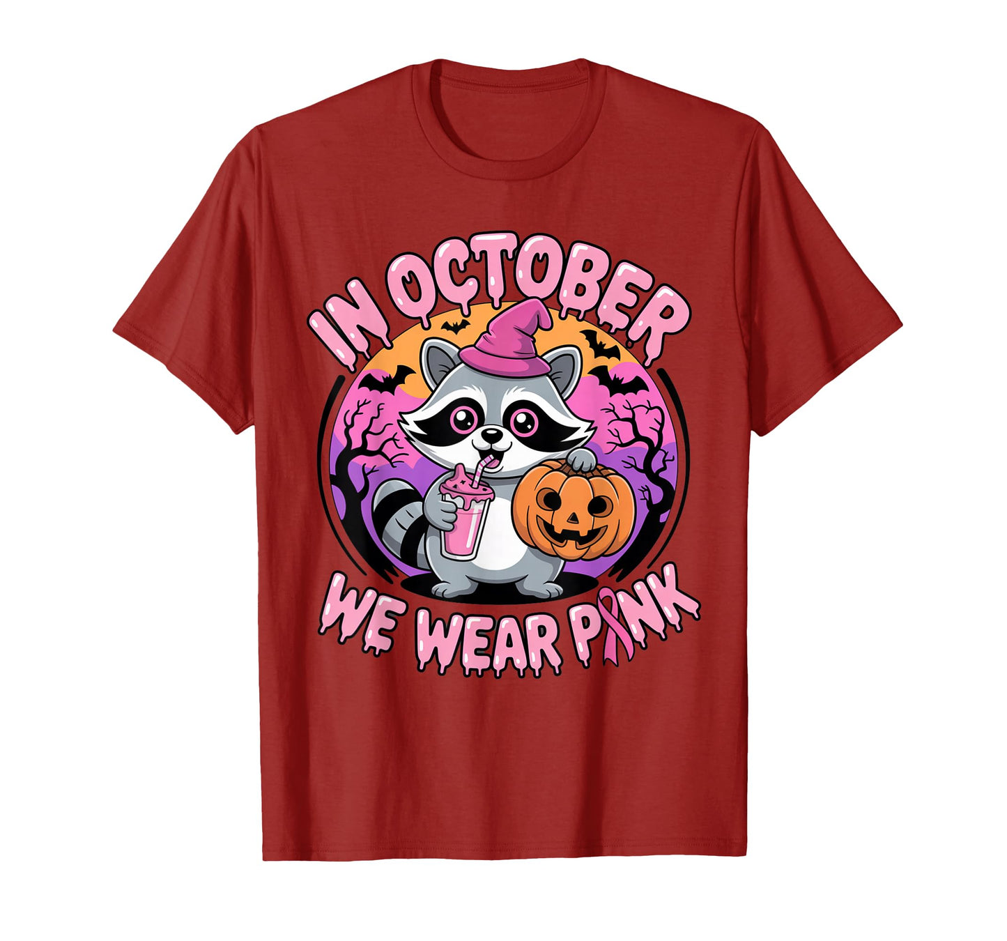 in October We Wear Pink Raccoon Spooky Witch Pumpkin Squad T-Shirt