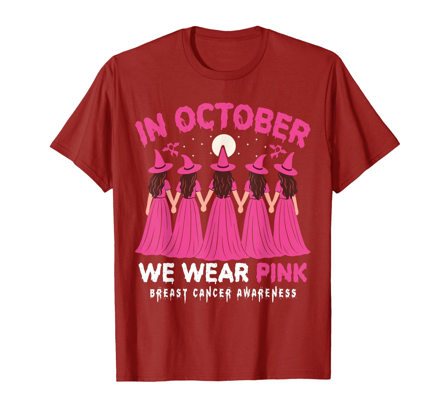 in October We Wear Pink Halloween Witch Breast Cancer Women T-Shirt