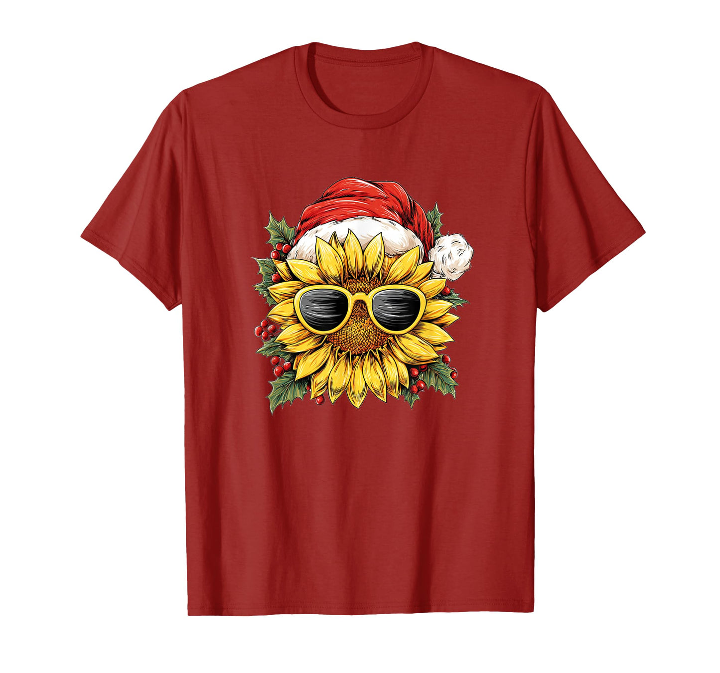 Festive Sunflower in Xmas Style for Santa Hat and Sunglasses T-Shirt