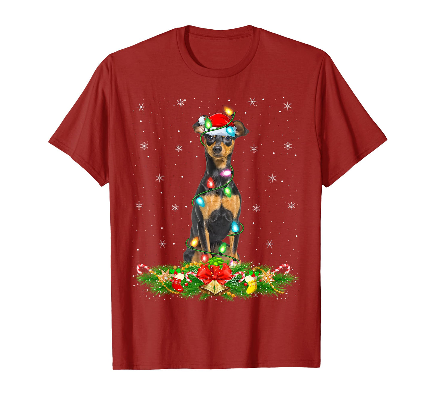 Miniature Pinscher Dog Christmas Lights Funny Santa Hat Xmas T-Shirt