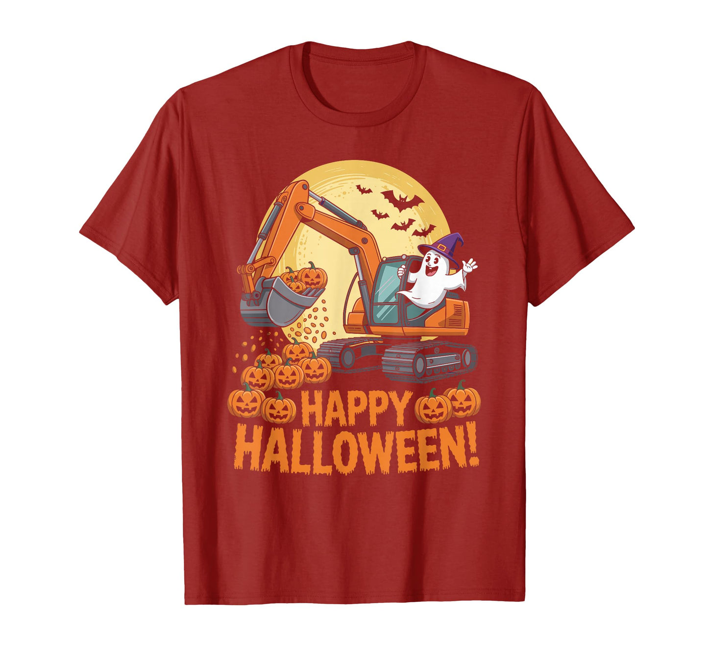 Happy Halloween Ghost Pumpkins and Excavator Construction T-Shirt