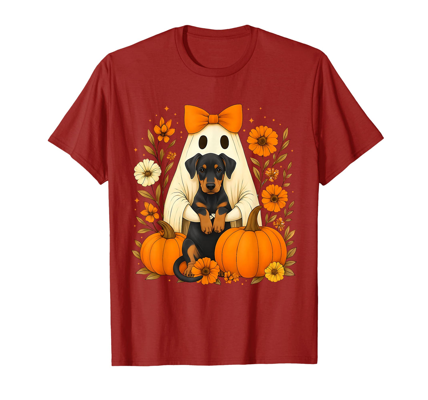 Vintage Halloween Ghost Holding Doberman Pinscher Dog T-Shirt