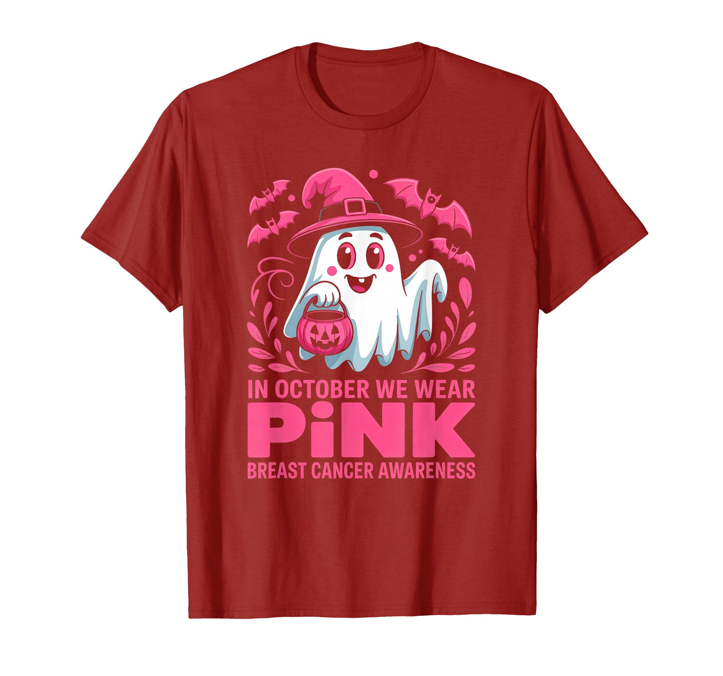 in October We Wear Pink Ghost Breast Cancer Women Halloween T-Shirt