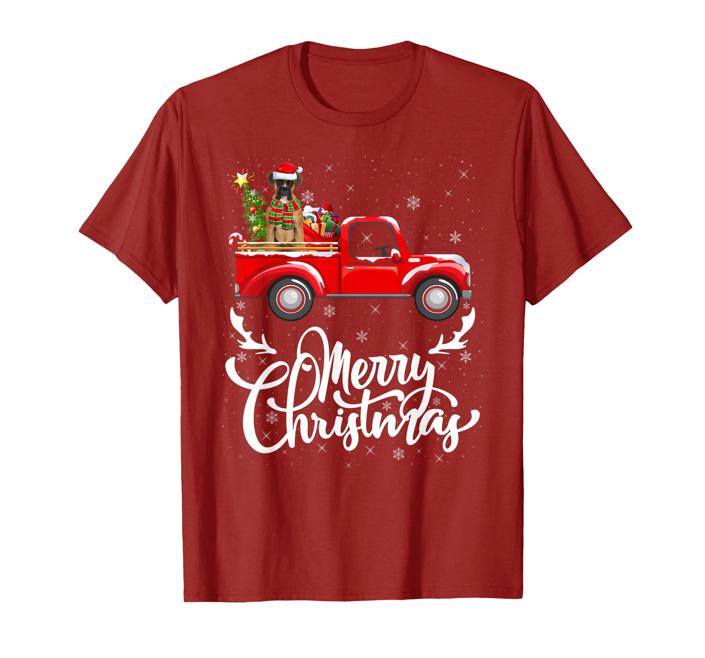 Boxer Dog On Christmas Red Truck Funny Pet Dog Lover Xmas T-Shirt