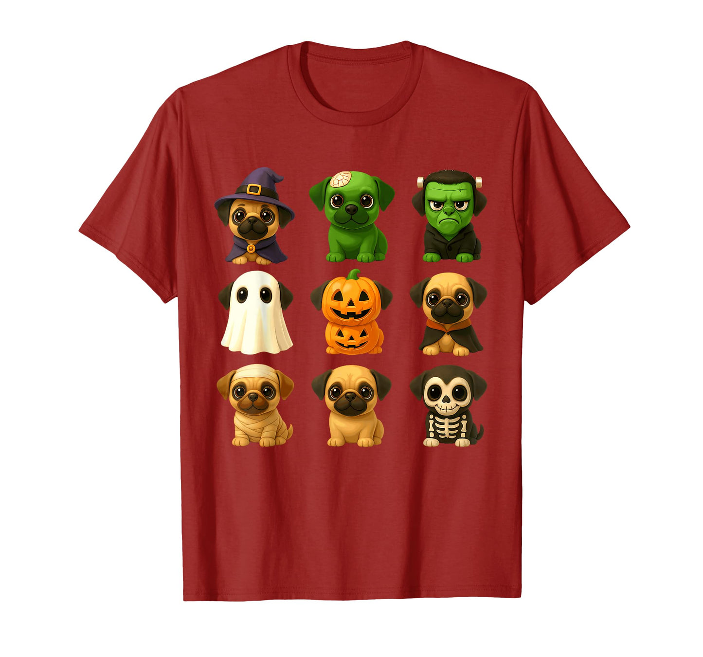 Cute Pug Dogs Witch Pumpkin Skeleton Costume Happy Halloween T-Shirt