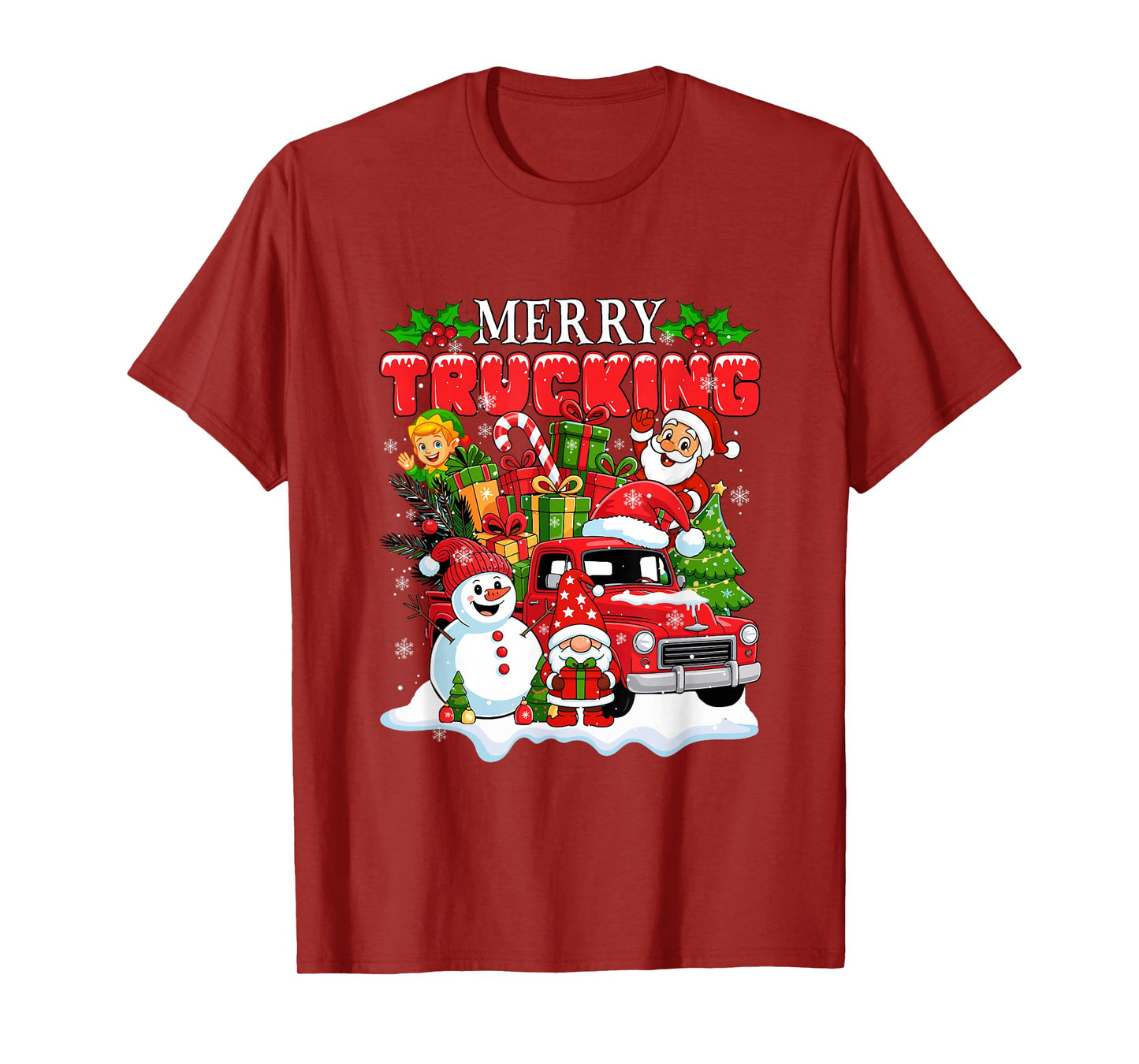 Merry Christmas Trucking Santa Gnome Elf On Truck Snowman T-Shirt