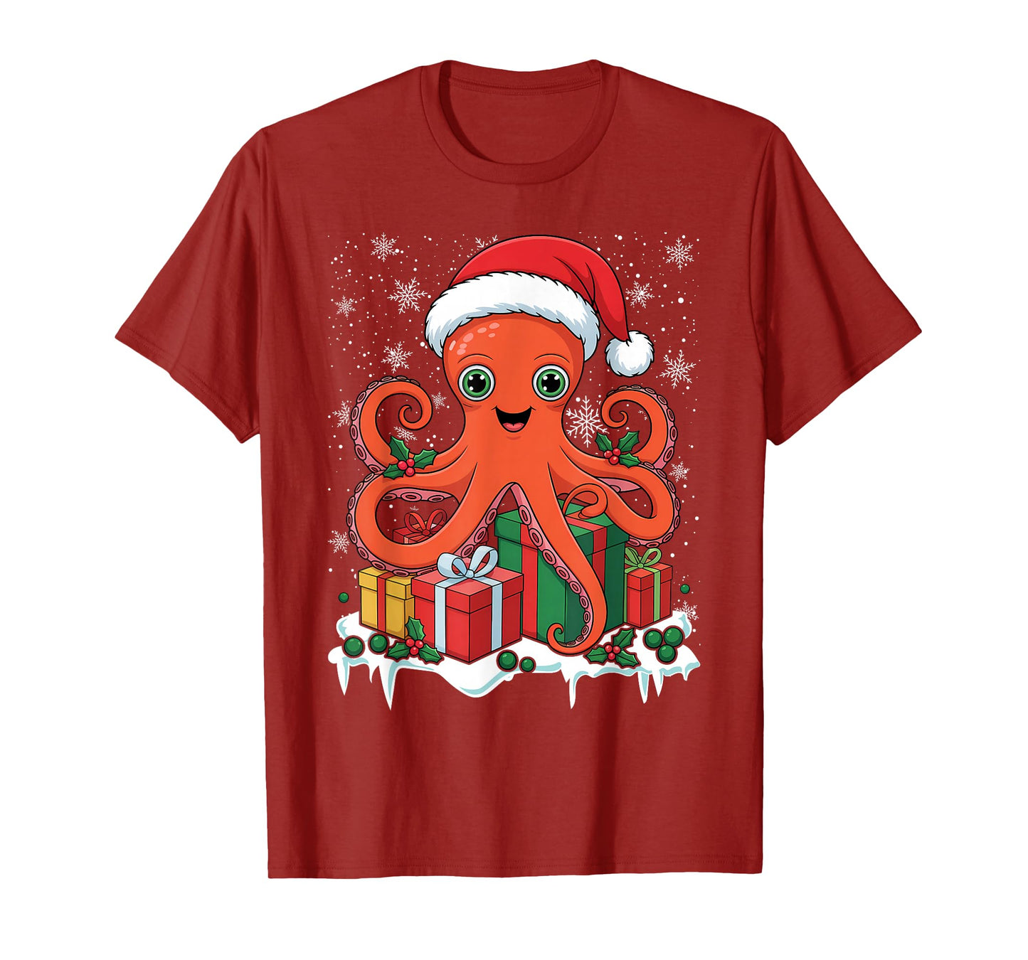 Christmas Octopus Or Kraken with Santa Hat Funny Idea T-Shirt