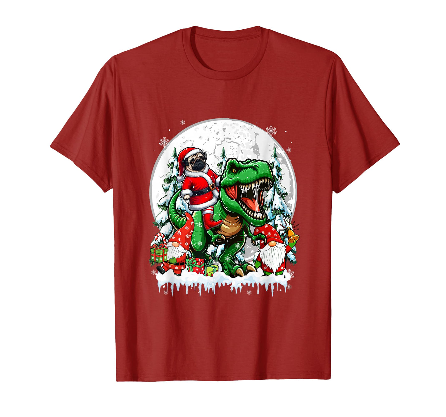 Santa Dog Riding T-Rex Gnomes Christmas Trees Family Kids T-Shirt