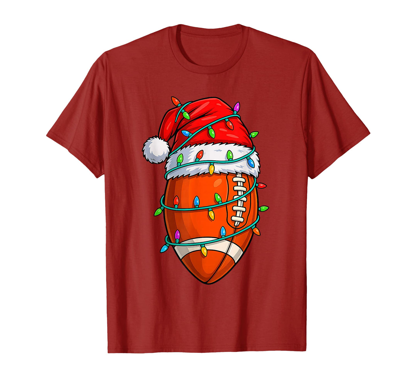 Christmas Football Santa Hat Lights Colorful Funny Player T-Shirt