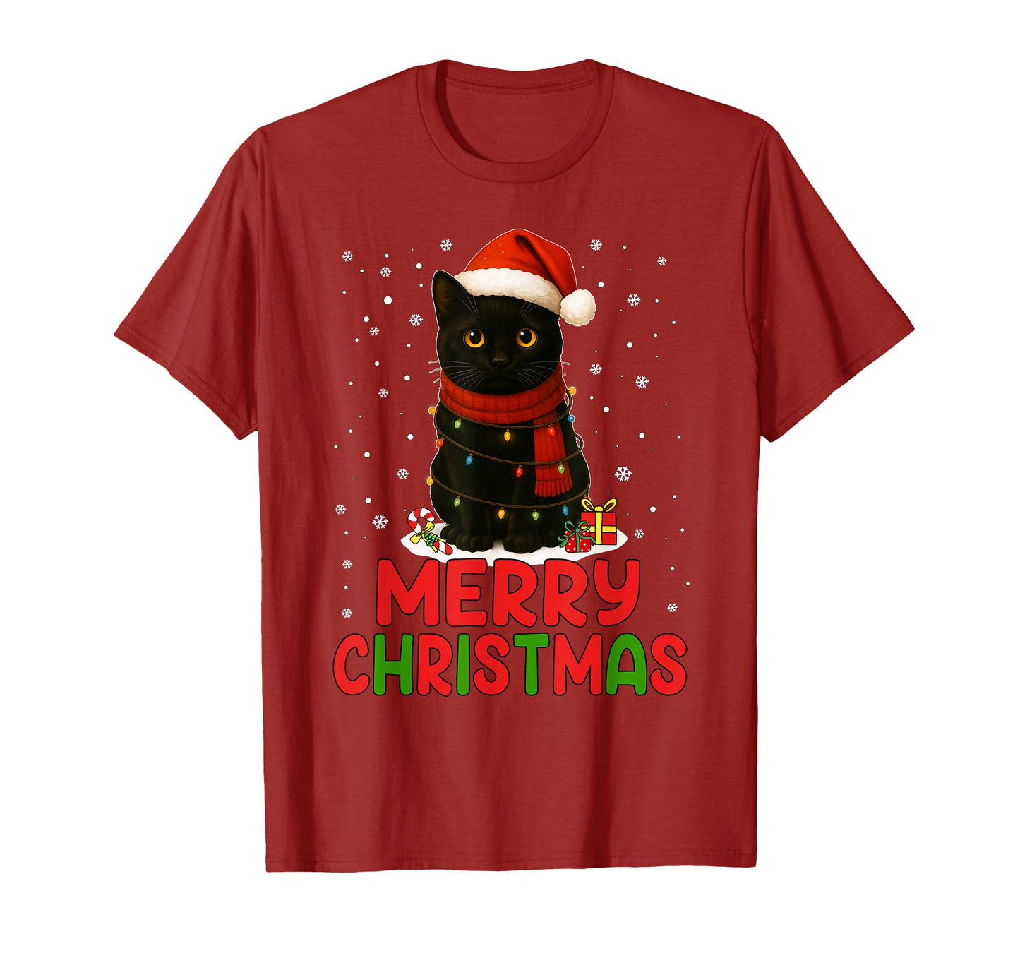 Merry Christmas Santa Hat Funny Black Cat Men Women Kids T-Shirt