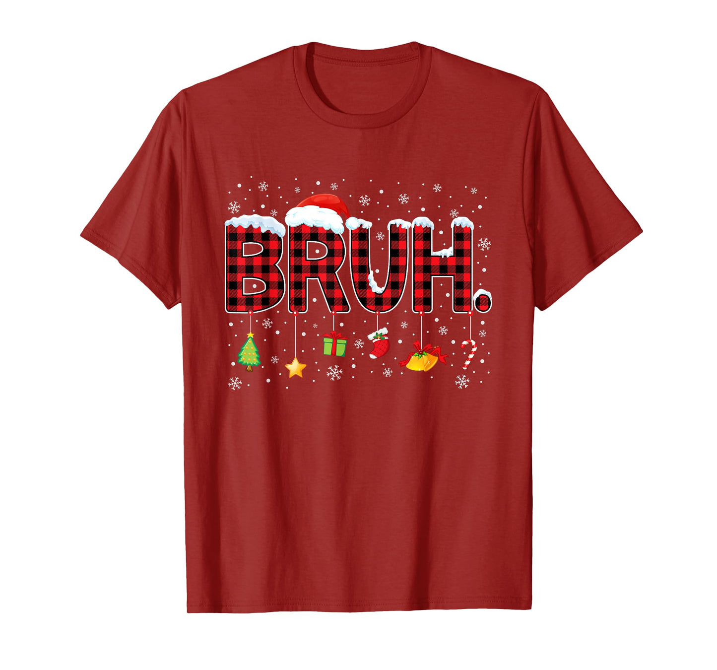 Bruh Funny Christmas Red Plaid Santa Hat Lights Xmas Pajamas T-Shirt