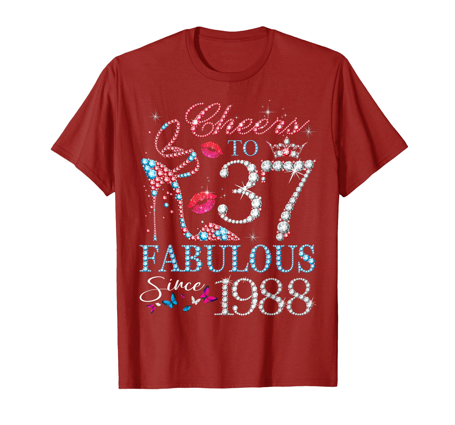 Womens Cheers to 37 Years Old EST 1988 37th Birthday Queen T-Shirt