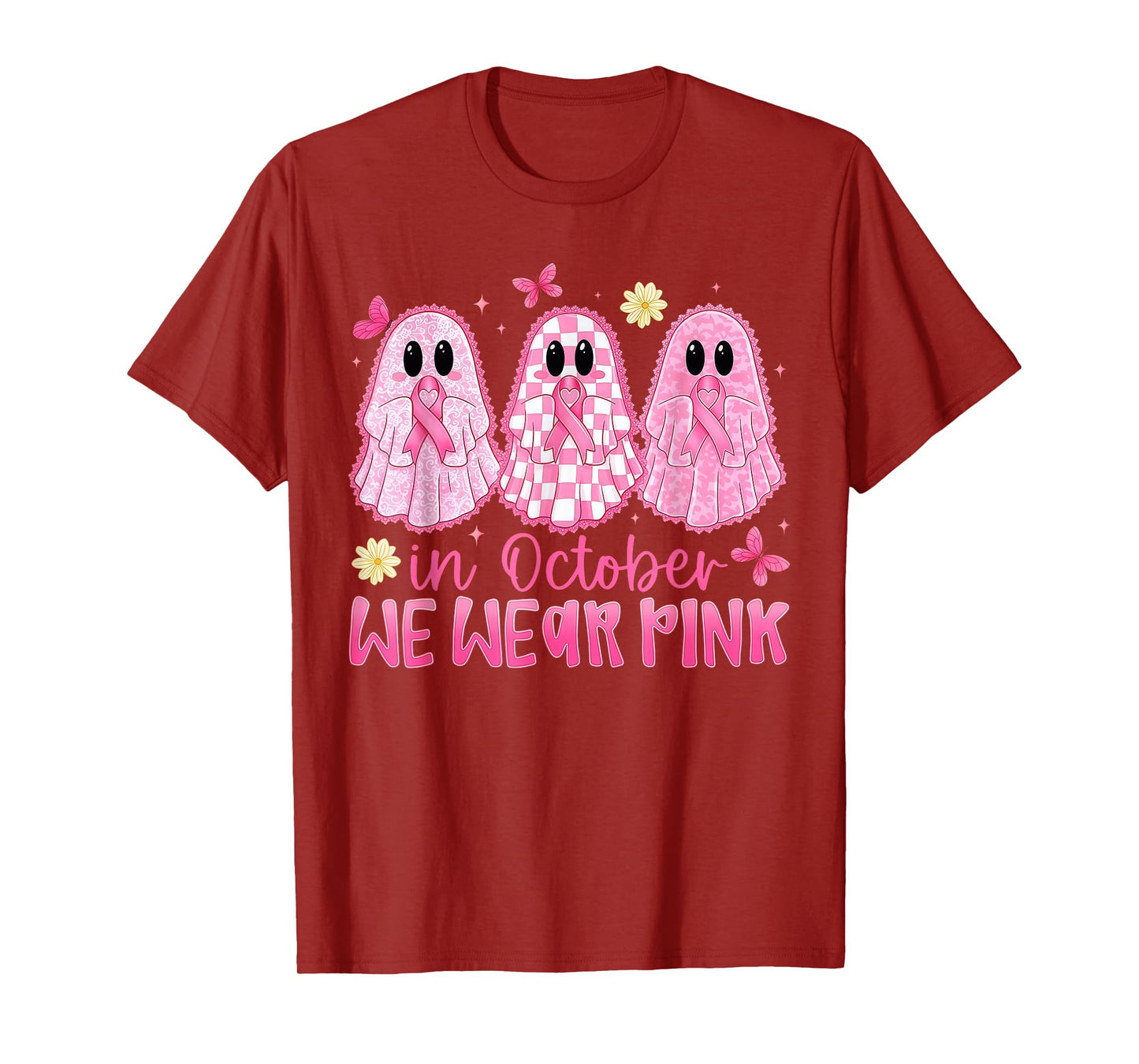in October We Wear Pink Ghost Witch Breast Cancer Awareness T-Shirt