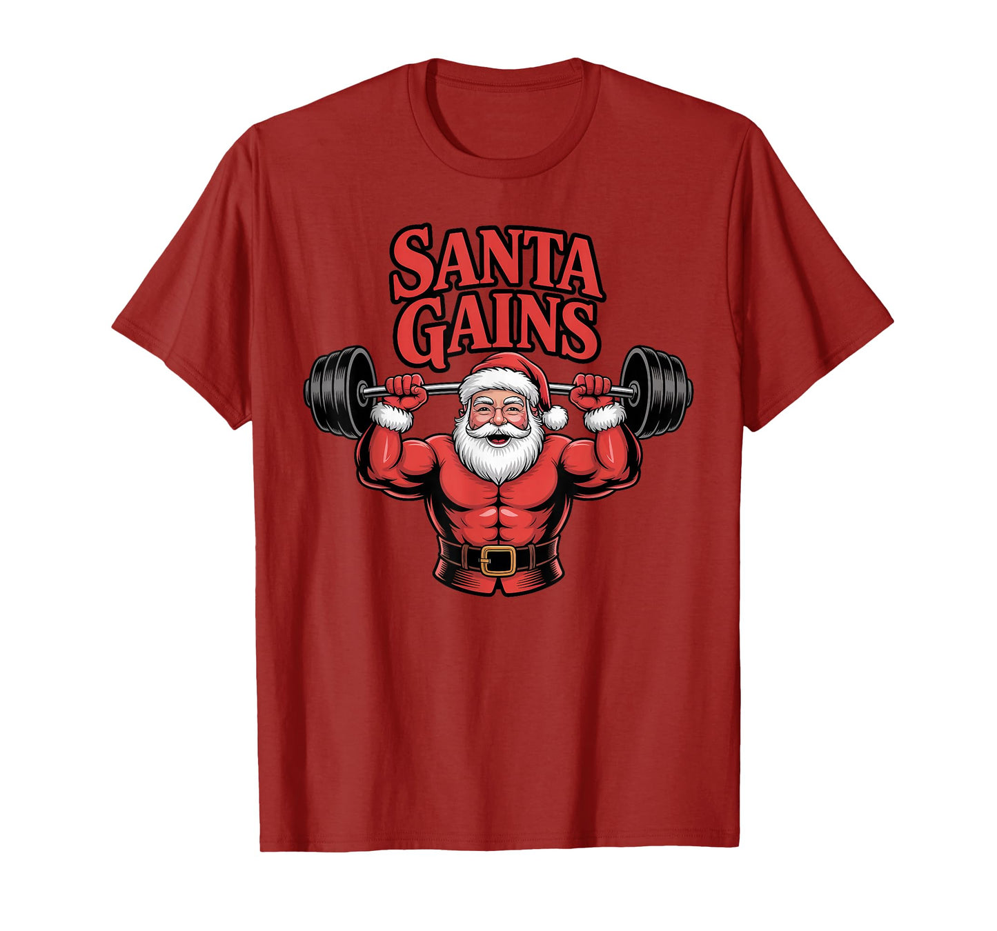Santa Gains Festive Barbell Lifting Holiday Cheer Slogan T-Shirt