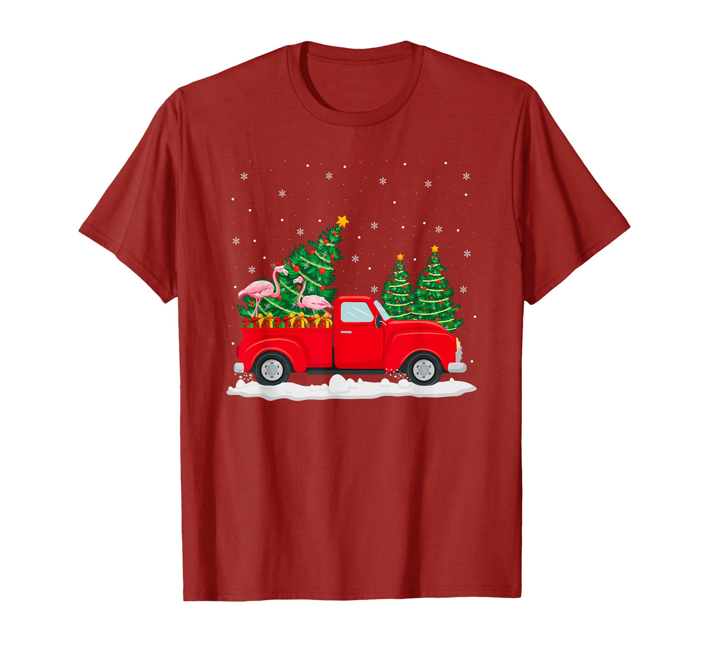 Flamingo On Red Truck Christmas Tree Lights Holiday Xmas T-Shirt