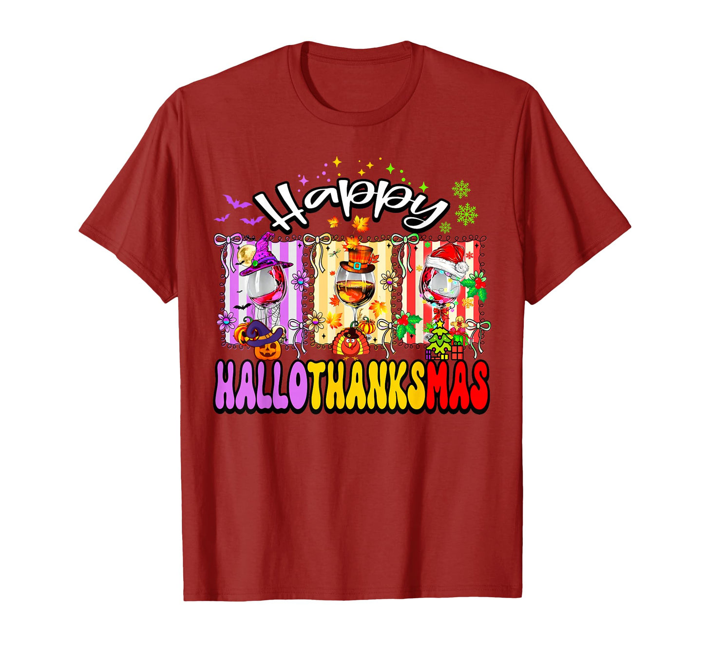 Happy Hallothanksmas Coquette Bow Wine Glass Holiday Mixed T-Shirt