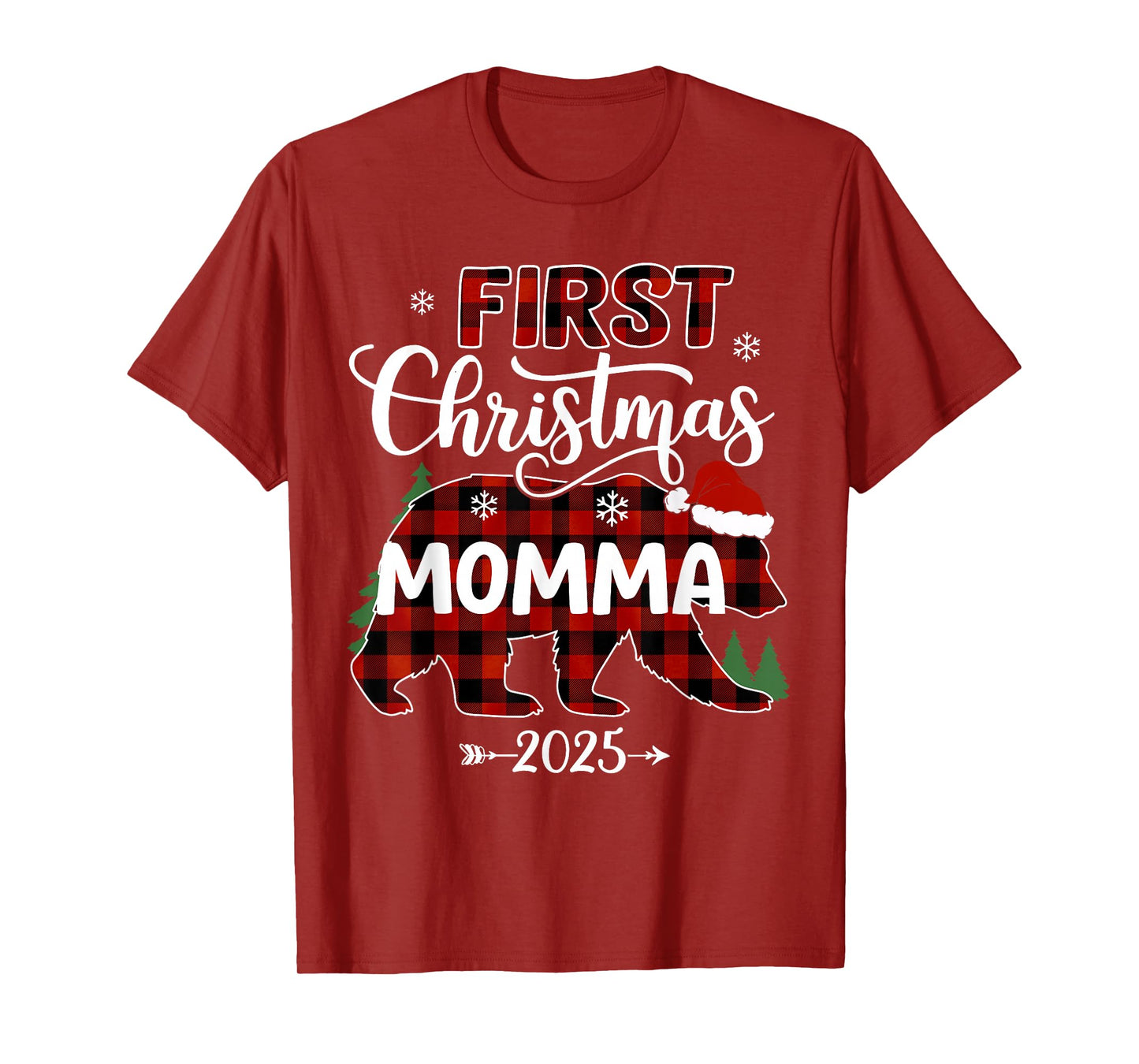 Pregnancy First Christmas Momma Red Plaid Bear Santa 2025 T-Shirt