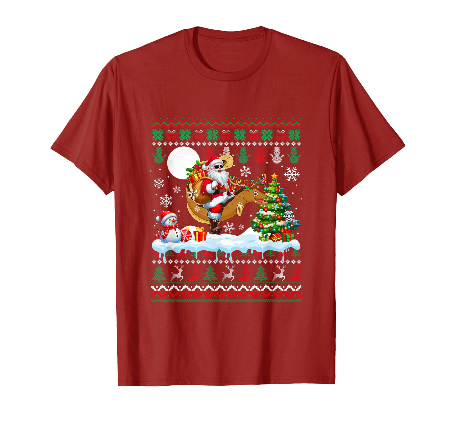 Santa Riding Reindeer EEL Sweater Xmas Tree Snowman T-Shirt