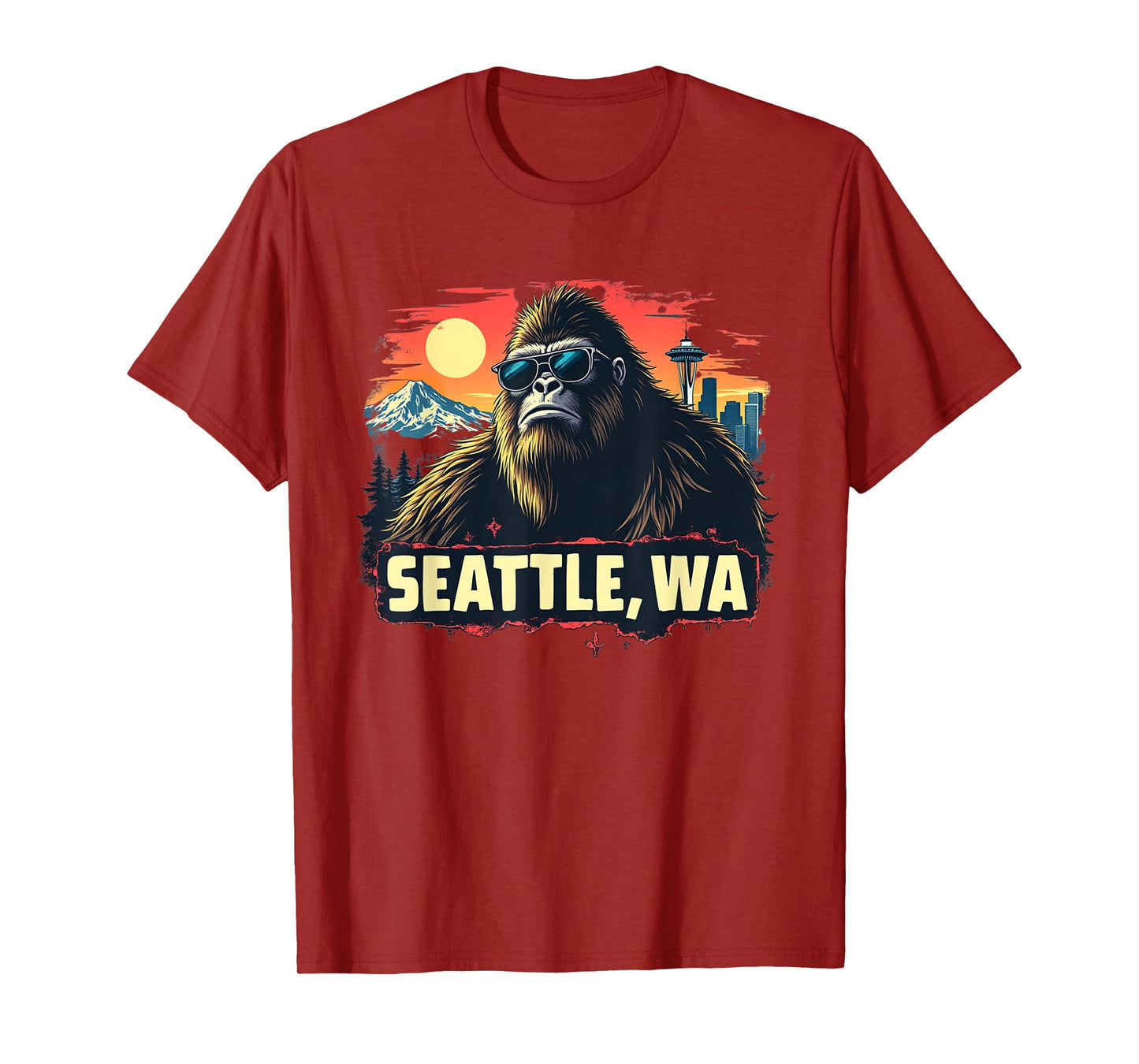 Seattle Cool Bigfoot with Downtown and Mountains T-Shirt