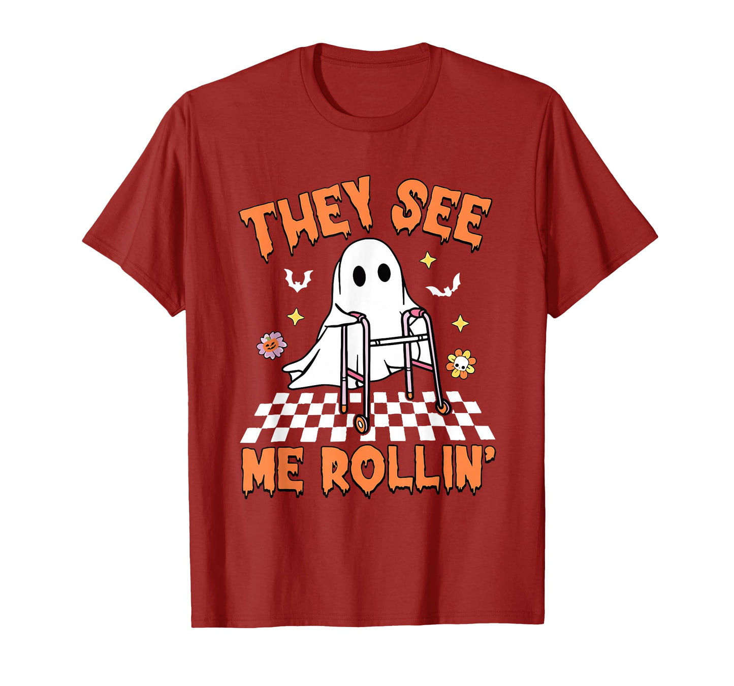 They See Me Rollin' Halloween Checkered Floral Ghost Therapy T-Shirt