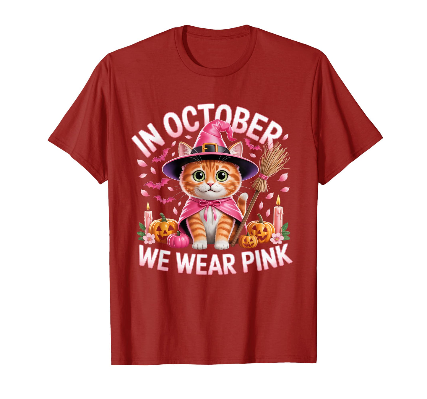 in October We Wear Pink Cat Witch Breast Cancer Awareness T-Shirt