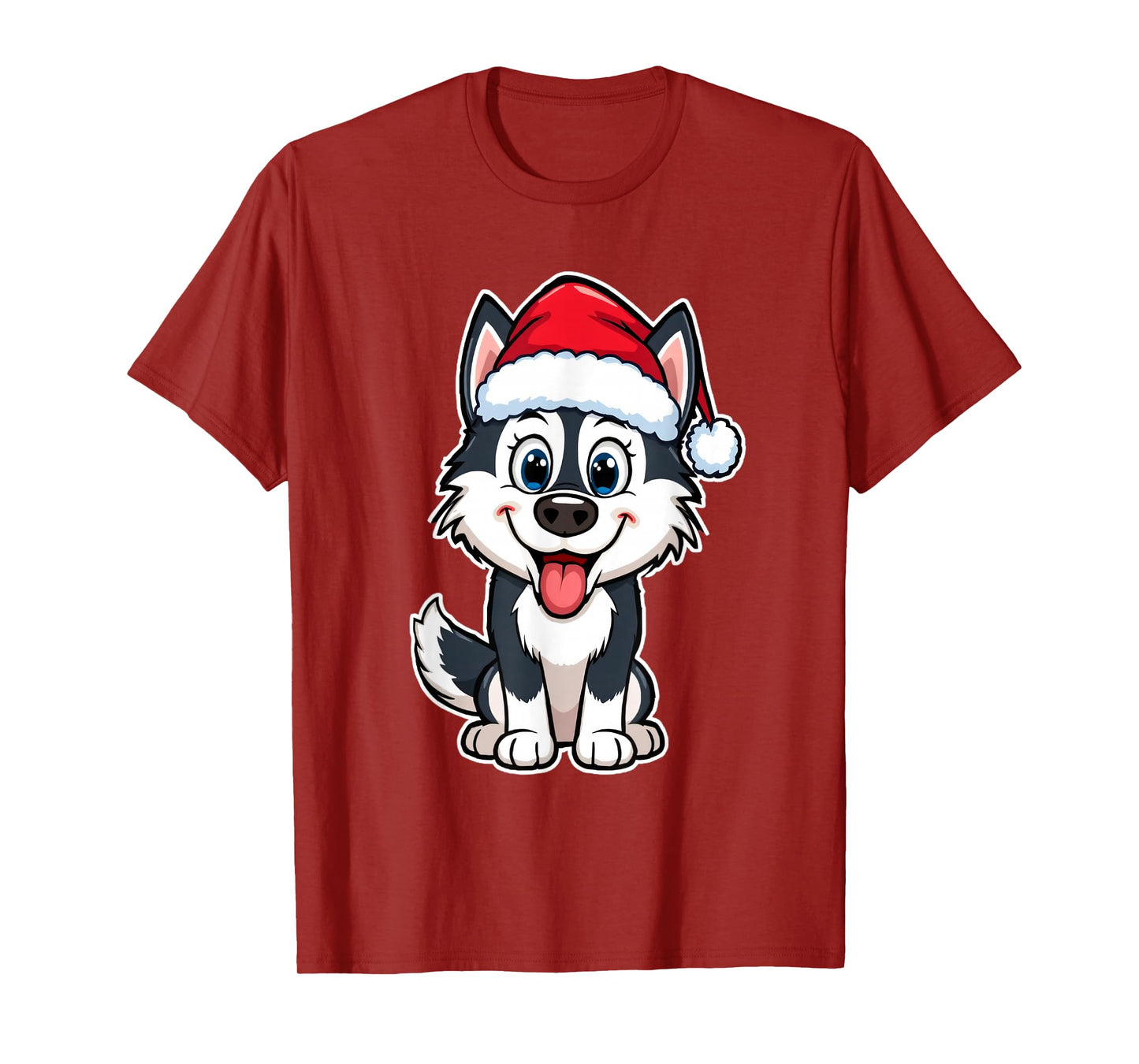 Christmas Cartoon Husky with Santa Hat Design T-Shirt