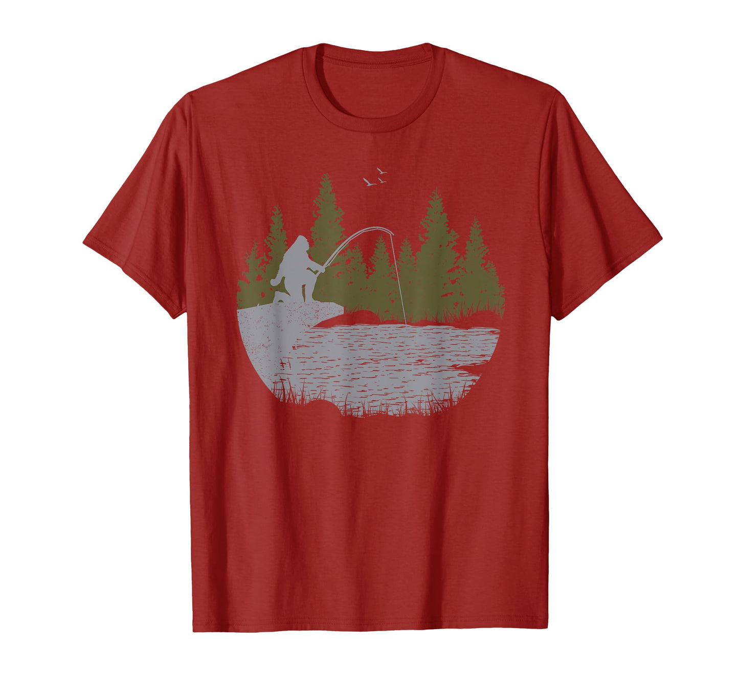 Funny Bigfoot Fishing Sasquatch & Trees Distressed Fisherman T-Shirt