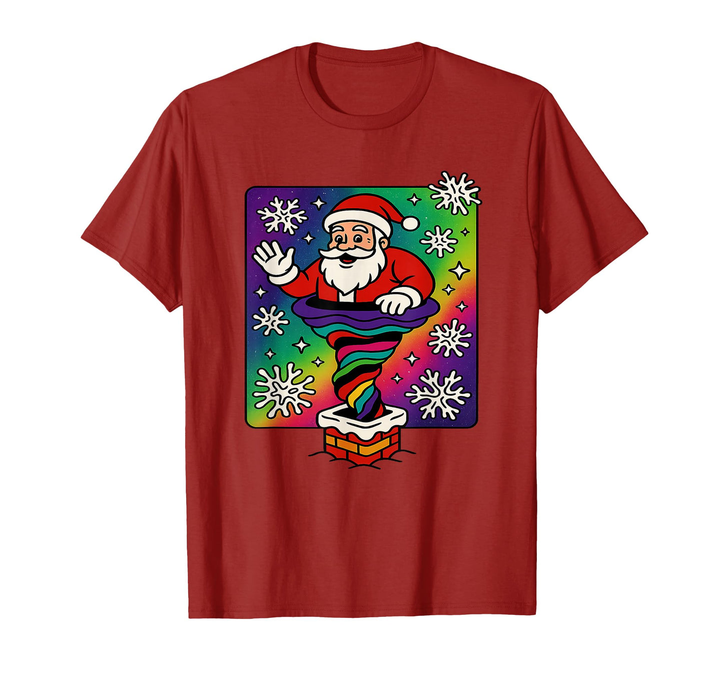 Funky Santa Rainbow Swirling in Chimney Artwork T-Shirt
