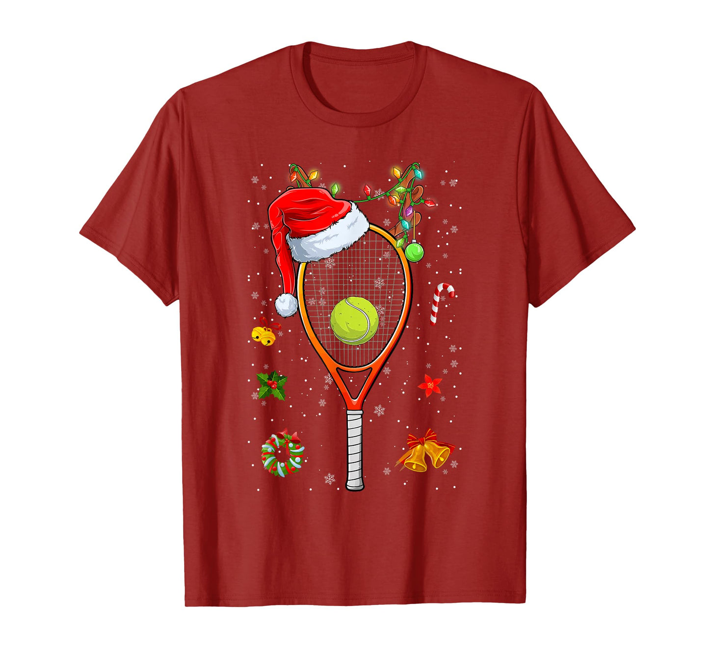 Funny Tennis Racket Reindeer Santa Hat Christmas Lights Xmas T-Shirt