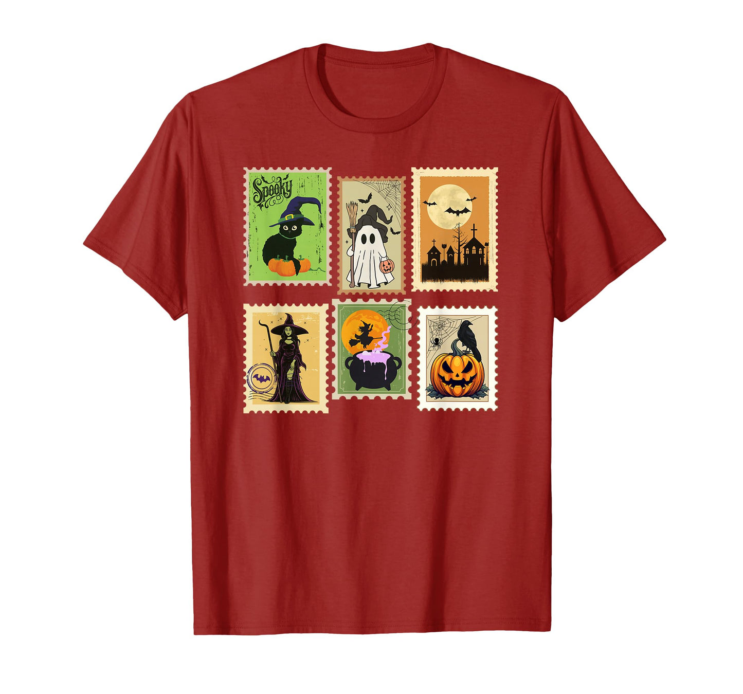 Retro Ghost Autumn Pumpkin Cat Witch Vintage Halloween Stamp T-Shirt