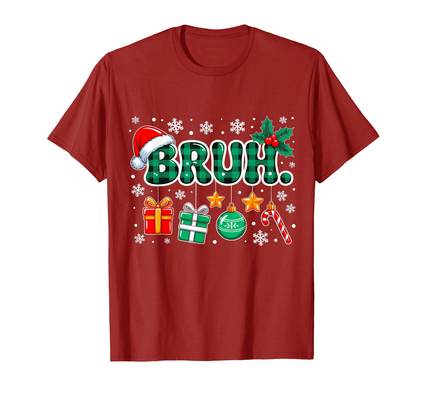 Bruh Funny Christmas Green Plaid Teens Boys Kid Xmas Pajamas T-Shirt