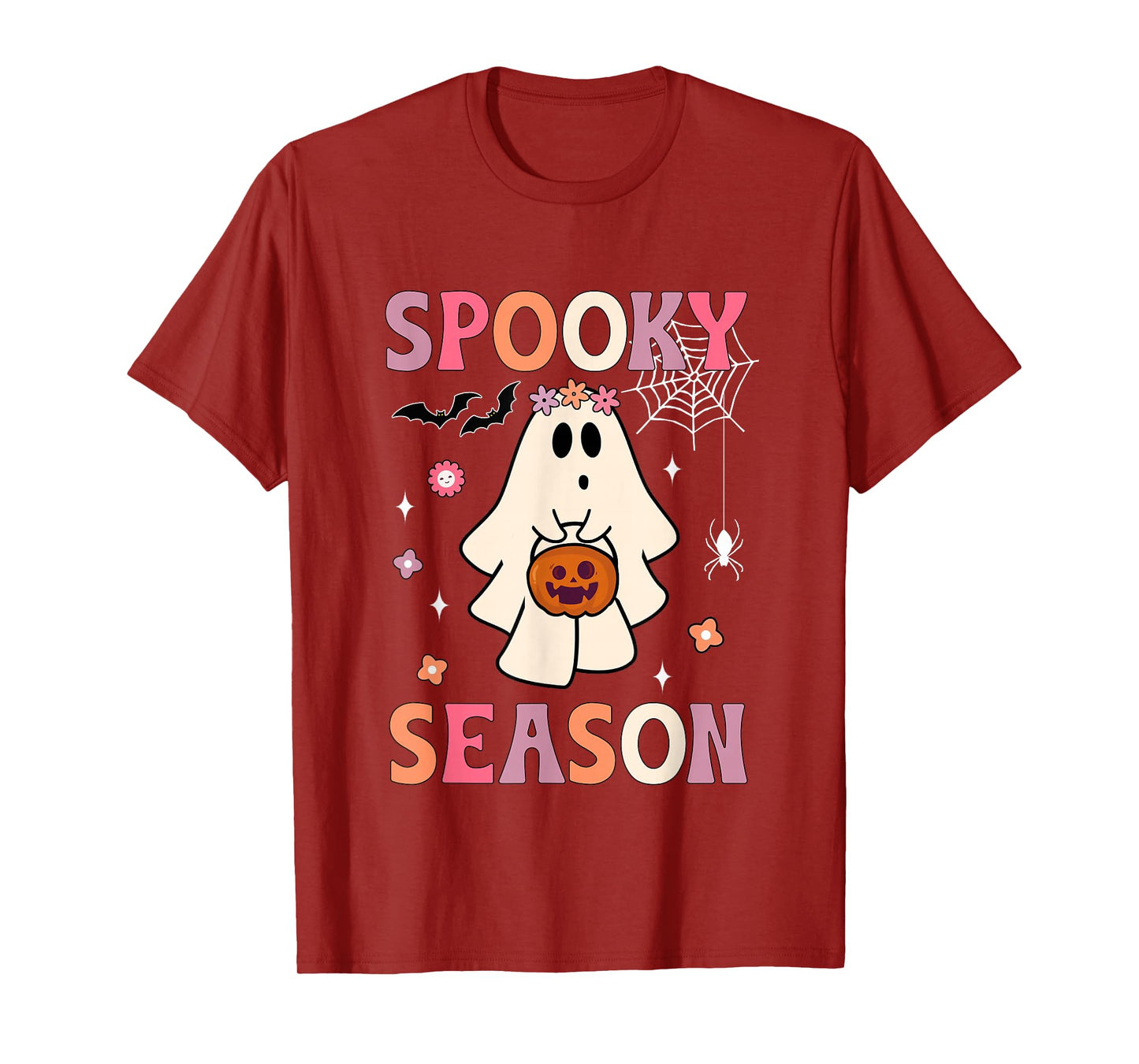 Groovy Halloween Ghost Holding Pumpkin Spooky Season Women T-Shirt