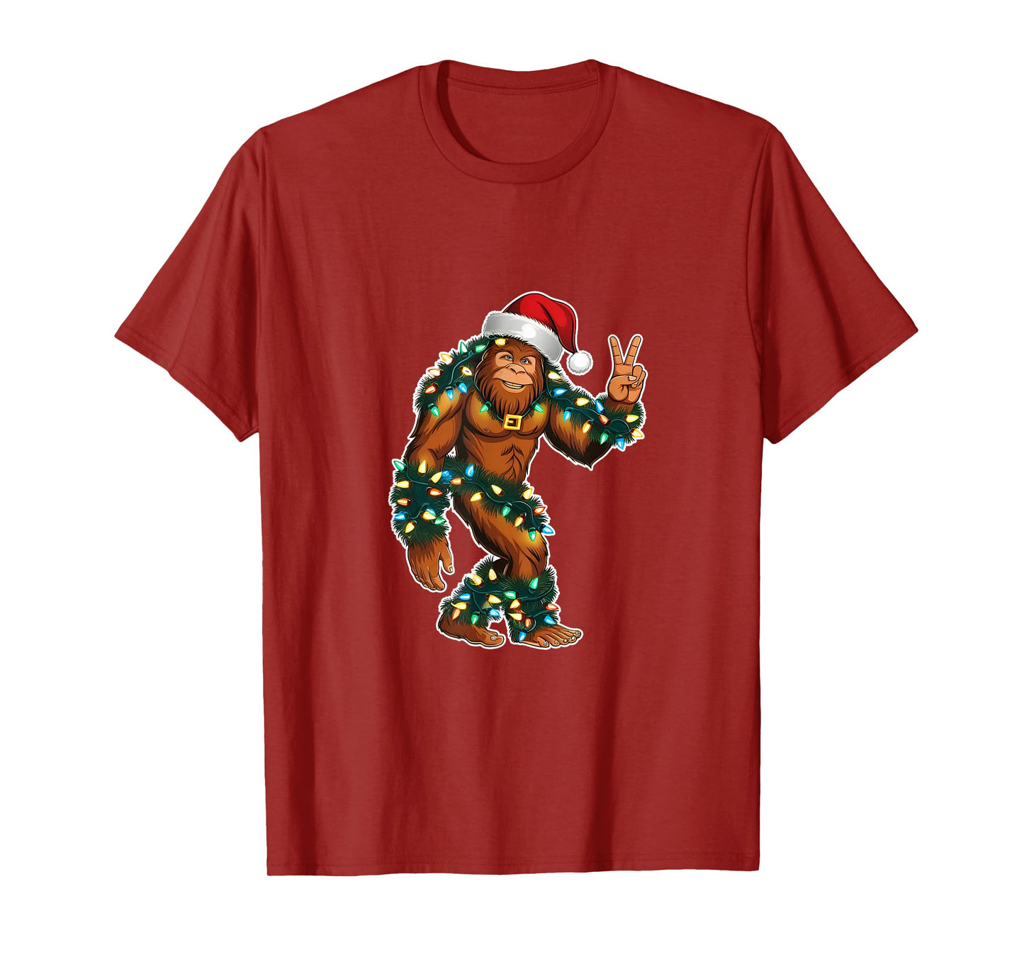 Holiday Sasquatch with Xmas Lights and Santa Hat Peace Sign T-Shirt