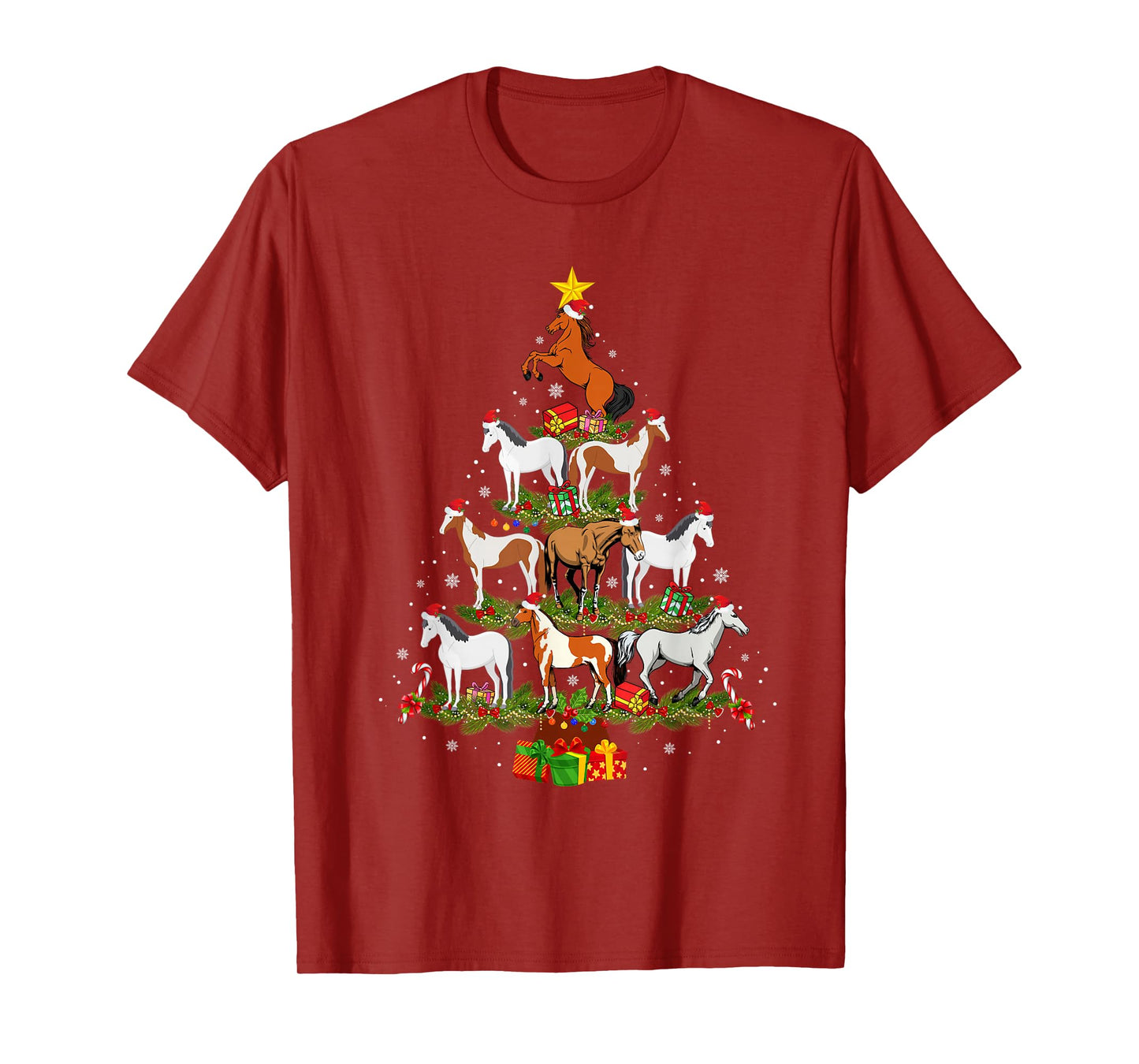 Horse Christmas Tree Lights Funny Xmas Family Men Women T-Shirt