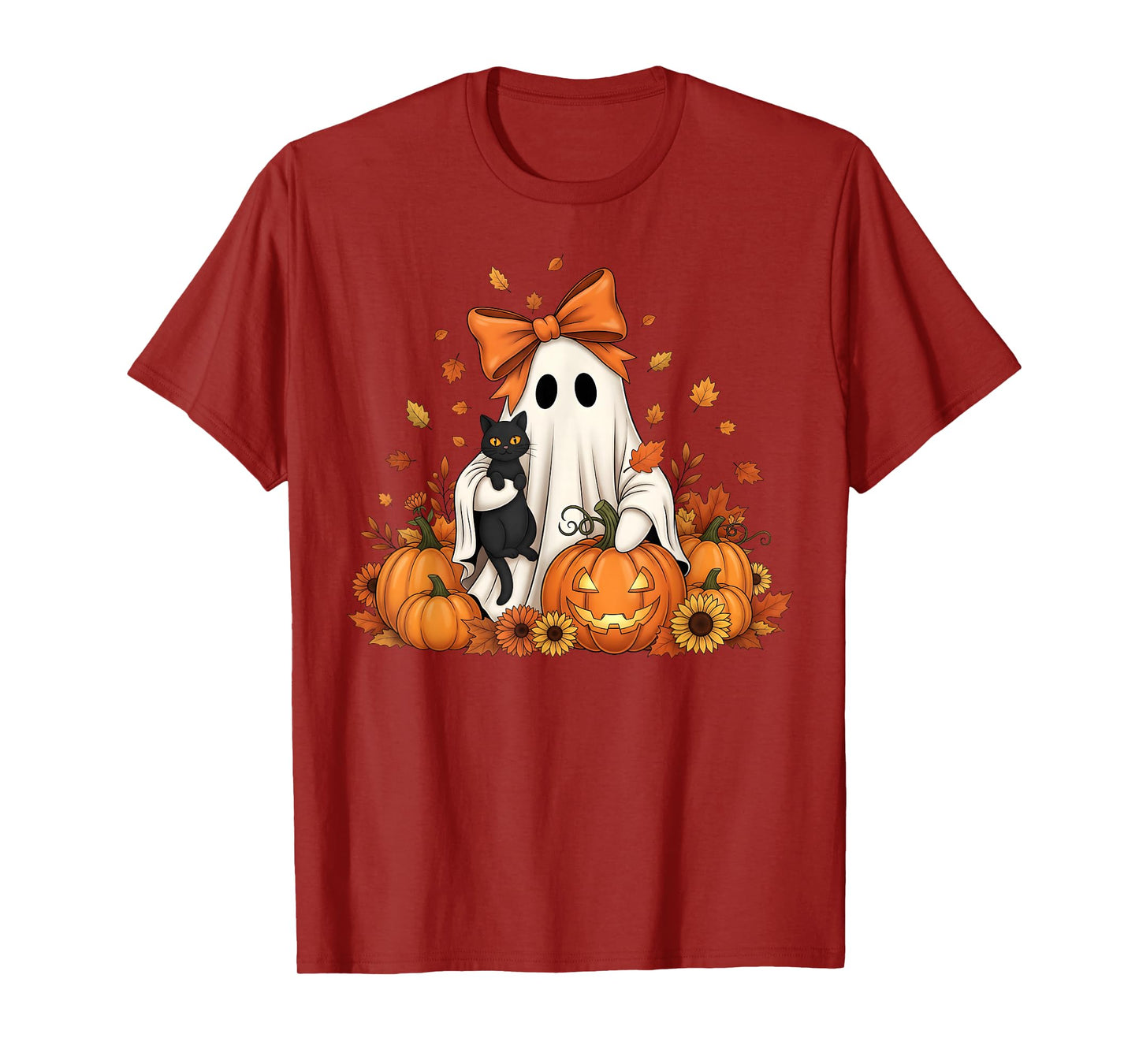 Vintage Halloween Ghost Holding Black Cat Groovy Floral T-Shirt