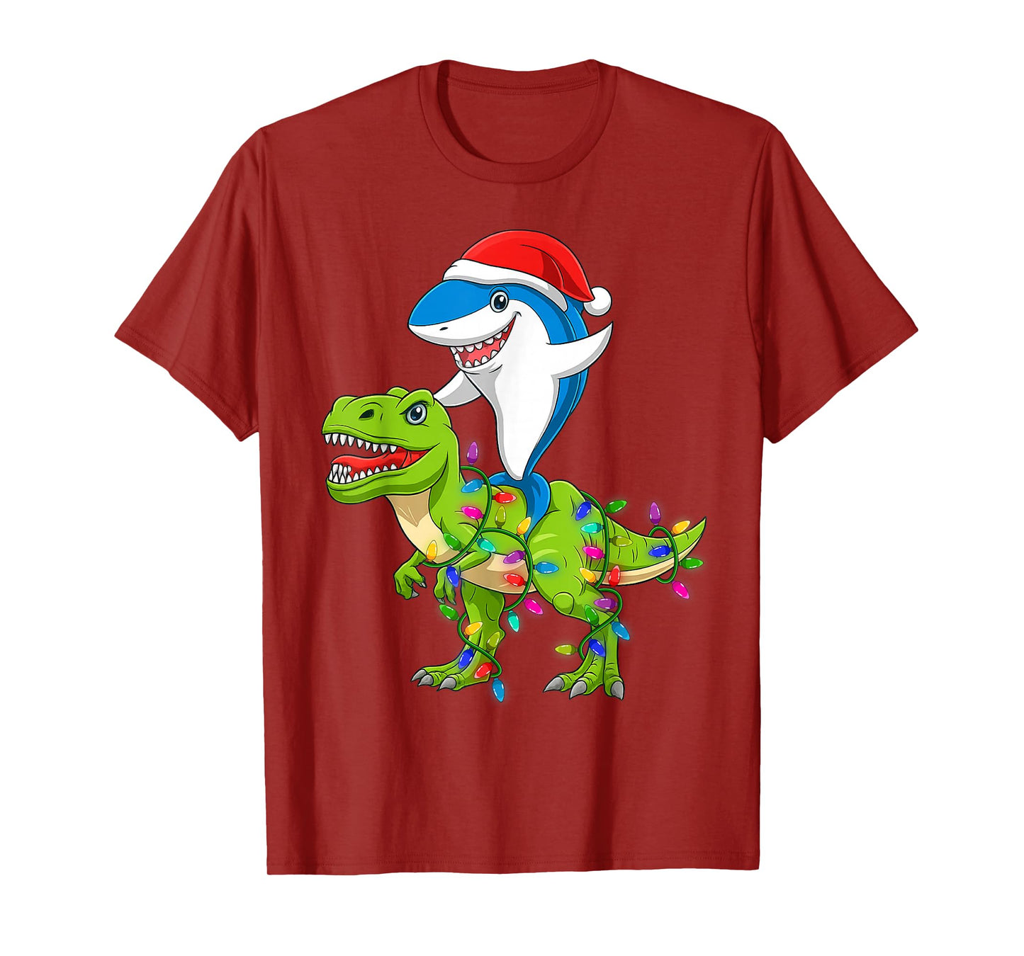 Shark Riding Dinosaur Christmas Lighting Mens Xmas Squad T-Shirt