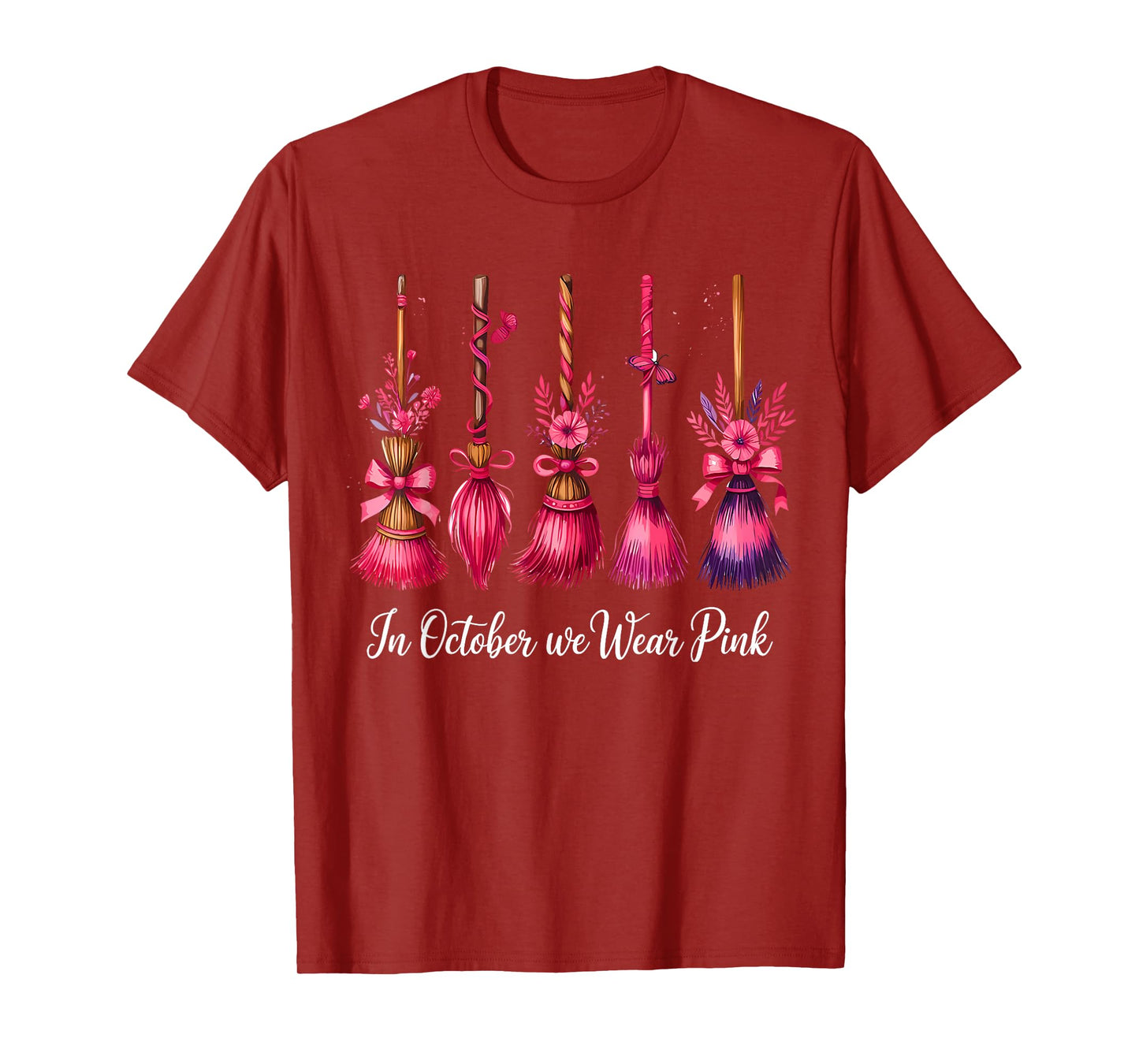 in October We Wear Pink Witch Brooms Halloween Breast Cancer T-Shirt