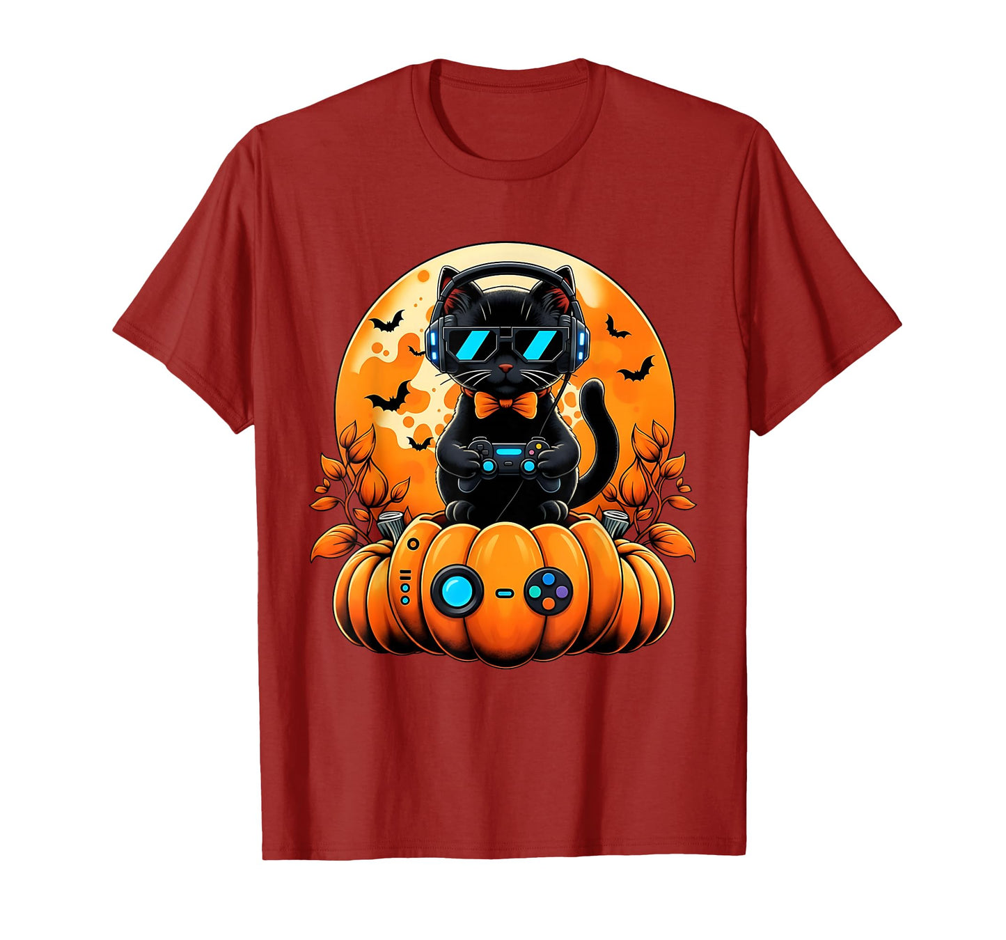 Retro Gamer Black Cat Pumpkin Halloween Fall Autumn Season T-Shirt