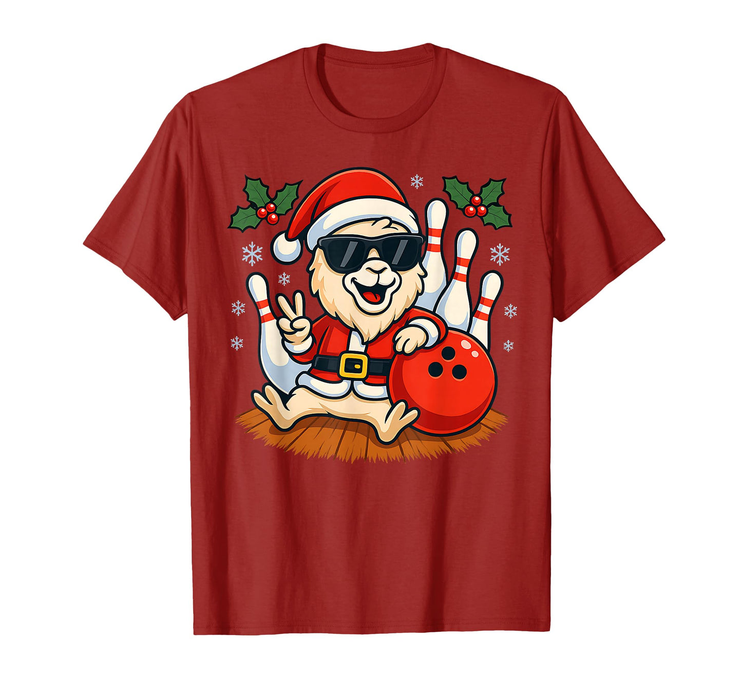 Santa Llama Bowling Christmas Funny Holiday Vibes Men Women T-Shirt
